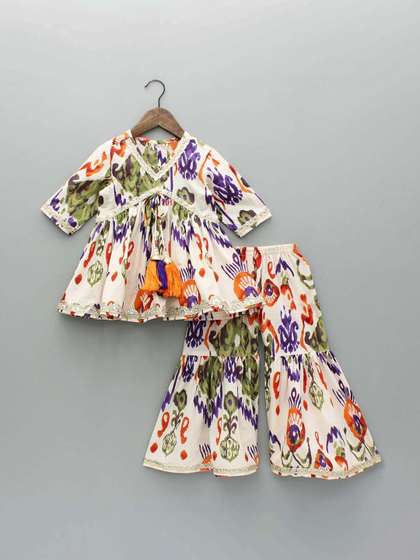 YK Girls Ethnic Motifs
                    Printed Empire Mirror Work Kurta with Sharara
