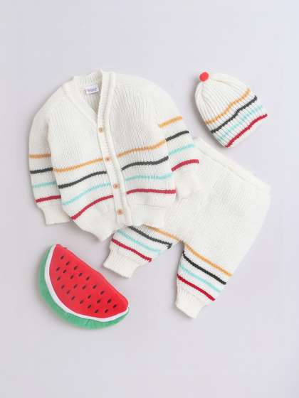Little Angels Boys
                    Woollen V-Neck Full Sleeves Cardigan Sweater with
                    Pant & Cap Set