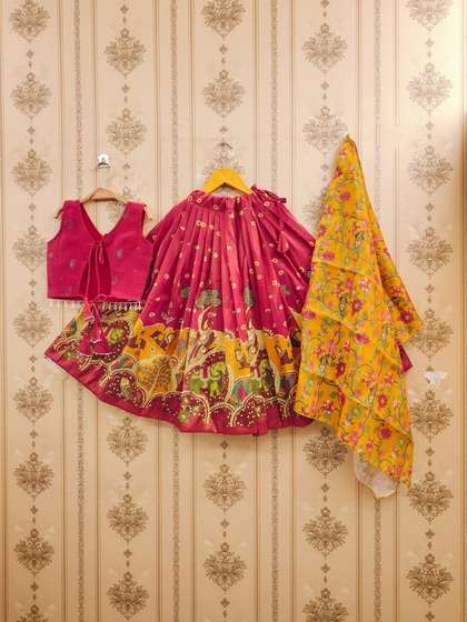 Sangria Girls
                        Printed V-Neck Flared Lehenga Choli With
                        Dupatta