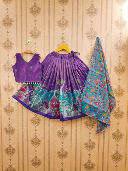 Sangria Girls Printed
                    V-Neck Flared Lehenga Choli With Dupatta