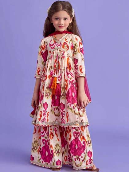 White World Girls Ethnic
                    Motifs Printed Tiered Sequinned Kurta with Sharara
                    & With Dupatta