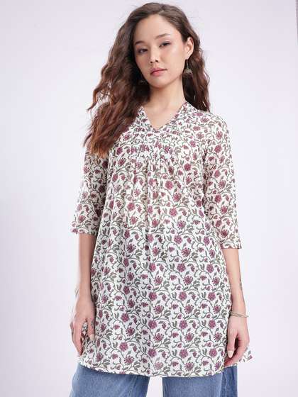 fusion by glitchez
                        Floral Printed V-Neck Tucks Detail A-Line Kurti