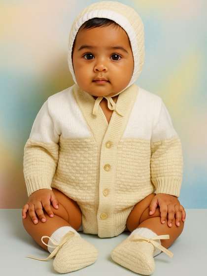 Little Angels
                    Colourblocked Woollen Full Sleeves Cardigan Sweater
                    with Cap & Socks Set