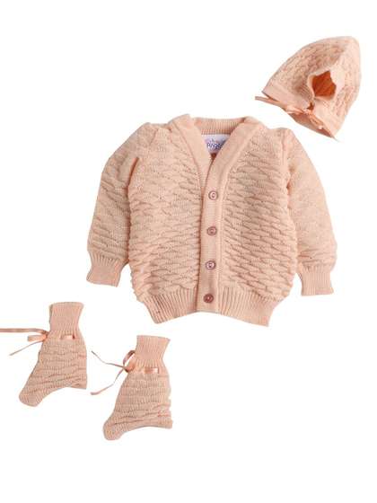 Little Angels Girls
                    Woollen V-Neck Full Sleeves Cardigan Sweater with
                    Cap & Socks Set