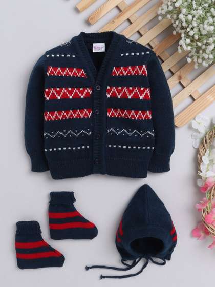 Little Angels Boys
                    Woollen V-Neck Full Sleeves Cardigan Sweater with
                    Cap & Socks Set