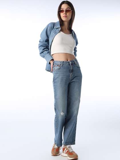 ONLY Women Straight
                        Fit High-Rise Low Distress Light Fade
                        Embroidered Stretchable Jeans