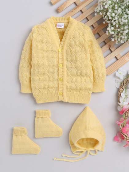 Little Angels Boys
                    Woollen V-Neck Full Sleeves Cardigan Sweater with
                    Cap & Socks Set