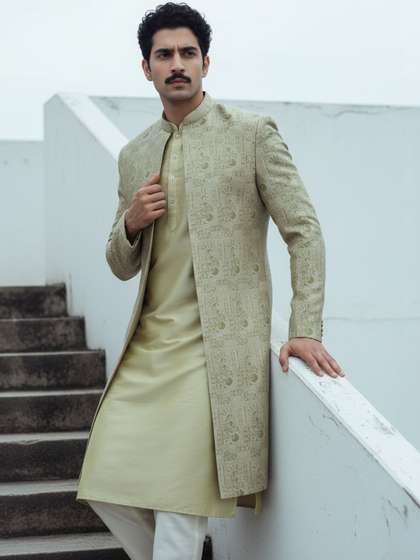 KISAH Men Golden
                        Embroidered Kurta Front Open Indowestern
                        Sherwani Trouser Set