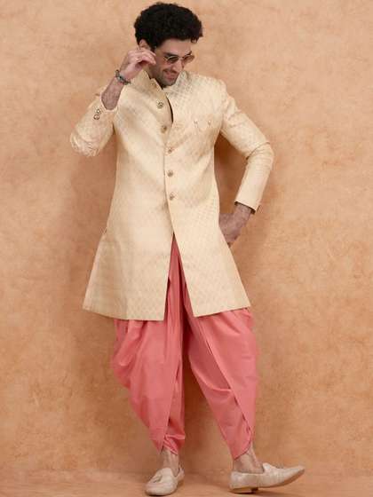 KISAH Men Cream
                        Jacquard Indowestern Sherwani & Dhoti Set