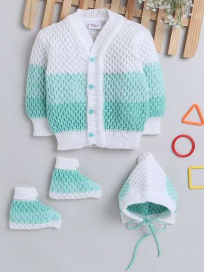 Little Angels
                    Colourblocked Woollen V-Neck Cardigan Sweater with
                    Cap & Socks Set