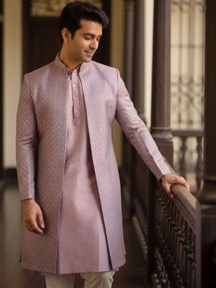 KISAH Men Pink
                        Textured Kurta Front Open Indowestern Sherwani
                        Trouser Set