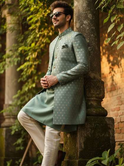 KISAH Men Brocade
                        Mandarin Collar Front Open Sherwani Set