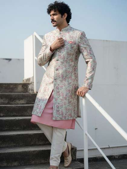 KISAH Printed
                        Mandarin Collar Sherwani Set