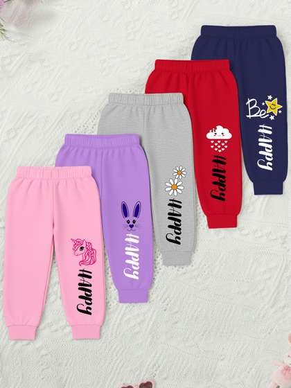 YK X Trampoline Infant
                    Girls Pack Of 5 Printed Cotton Mid Rise Joggers