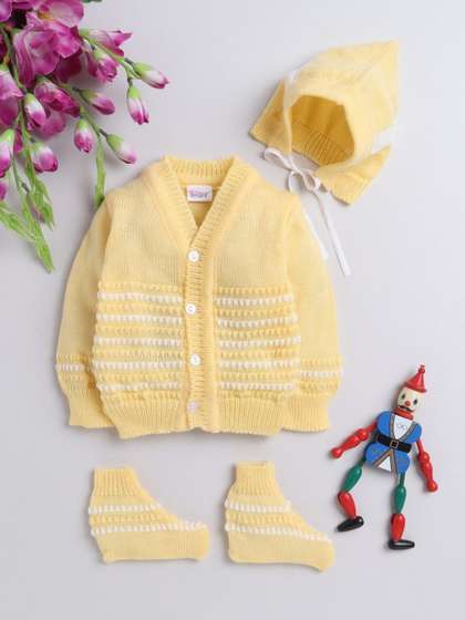 Little Angels Boys
                    Woollen V-Neck Full Sleeves Cardigan Sweater with
                    Cap & Socks Set