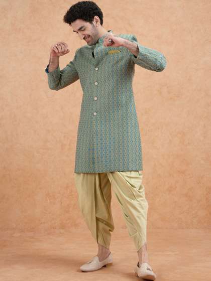 KISAH Men Green
                        Jacquard Indowestern Sherwani Dhoti Set