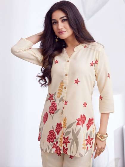 SAPTAVI Floral
                          Printed Mandarin Collar Neck Top With Trousers
                          Co-Ords