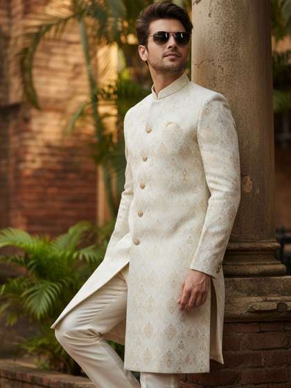KISAH Men Cream
                        Woven Design Mandarin Collar Indowestern
                        Sherwani & Trouser Set