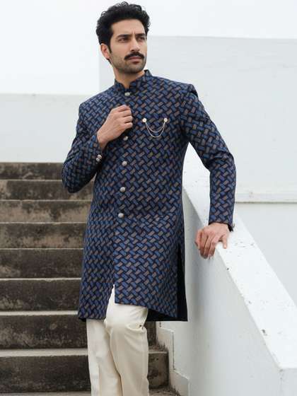 KISAH Men Blue Self
                        Design Indowestern Sherwani & Trouser Set