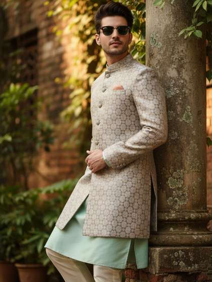KISAH Men Green
                      Textured Kurta Indowestern Sherwani Trouser Set