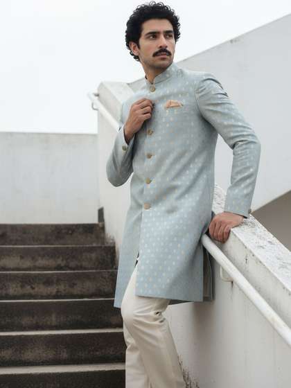 KISAH Men Blue
                          Textured Indowestern Sherwani Trouser Set