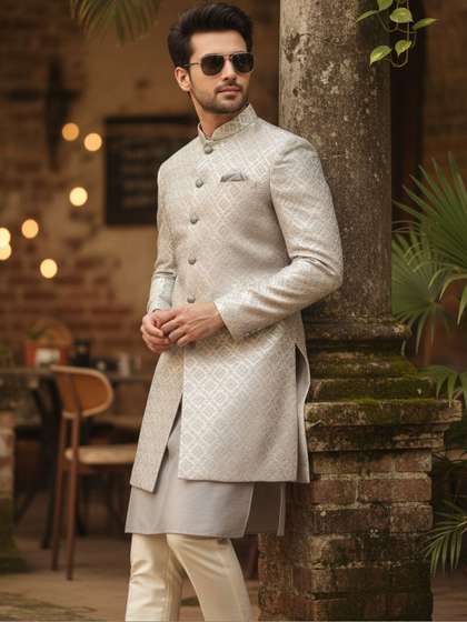 KISAH Men Grey Woven
                        Design Kurta Indowestern Sherwani Trouser Set