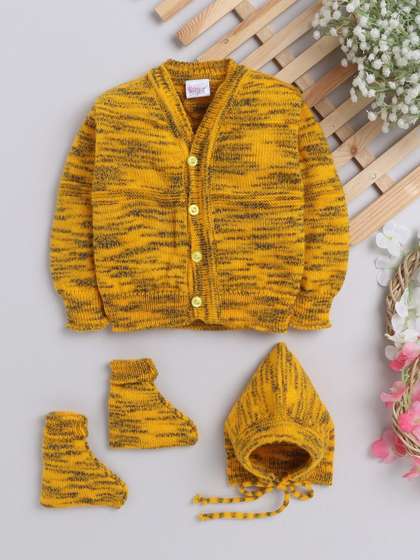 Little Angels Boys
                    Woollen V-Neck Full Sleeves Cardigan Sweater with
                    Cap & Socks Set