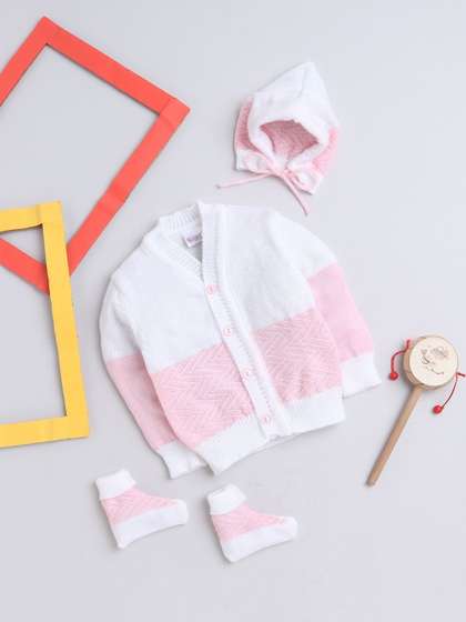 Little Angels Boys
                      Woollen V-Neck Full Sleeves Cardigan Sweater with
                      Cap & Socks Set