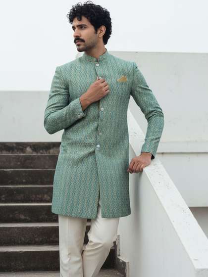 KISAH Men Green
                        Jacquard Indowestern Sherwani Trouser Set