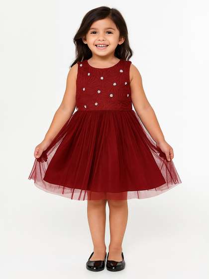 Cutoos Girls Self
                      Design Embellished Net Fit & Flare Dress