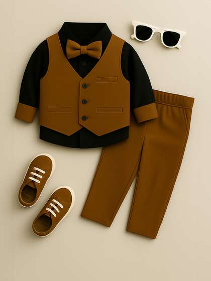 STINITY Boys Pure Cotton
                    Brown Party Wear Suit Set with Bow Tie
