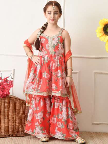 Indi-Loom Couture Girls
                    Floral Printed Empire Gotta Patti Kurta with Sharara
                    & With Dupatta