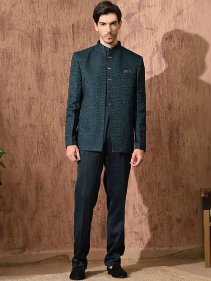 Aesthelia
                        Embroidered Pure Silk Jodhpuri Suit with
                        Mandarin Collar 3 Piece Set