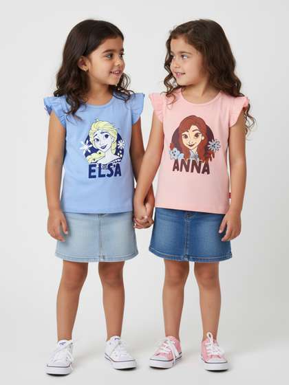 Nauti Nati Girls Pack
                      of 2 Elsa & Anna Graphic Printed Round Neck
                      Cotton T-shirts