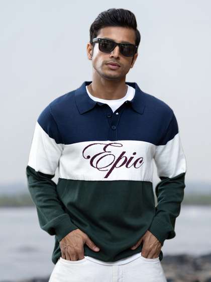 Powerlook Men
                        Colourblocked Polo Collar Pure Cotton T-shirt