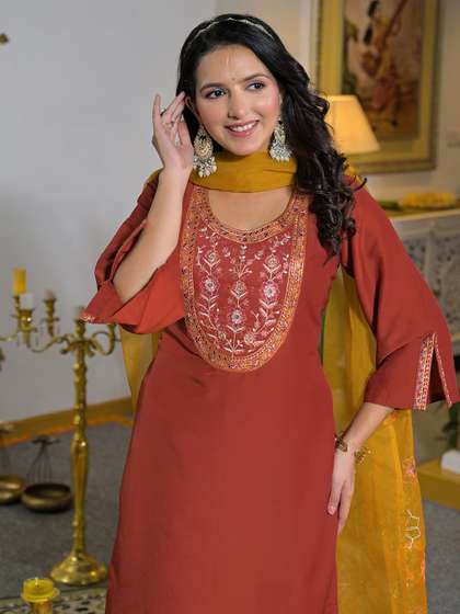 SANISA Women Floral
                        Embroidered Regular Thread Work Kurta with
                        Trousers & With Dupatta