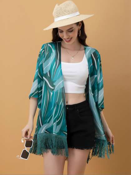 PURYS Women Printed
                        Kimono Style Shrug with Fringed