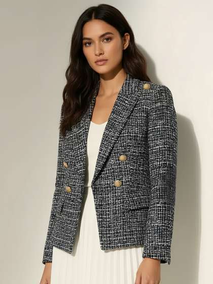 Styli Women Double
                        Breasted Tweed Short Length Blazer