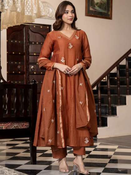 KALINI Women Ethnic
                        Motifs Embroidered Panelled Thread Work Pure
                        Cotton Kurta with Trousers & With Dupatta
