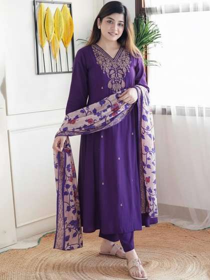 KALINI Women
                          Floral Embroidered Regular Thread Work Pure
                          Cotton Kurta with Trousers & With Dupatta