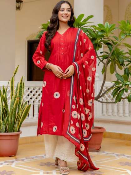 Komfortive Women
                        Floral Embroidered Regular Pure Cotton Kurta
                        with Palazzos & With Dupatta