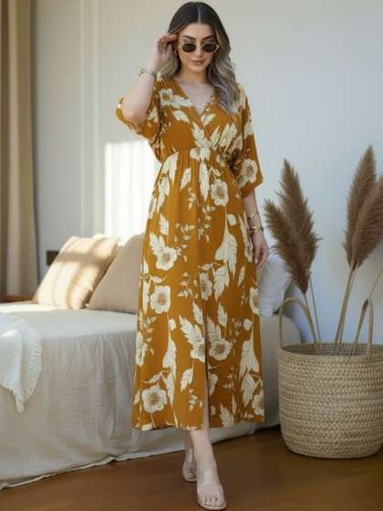 MANOJAVA Floral
                        Print Kimono Sleeve Fit & Flare Midi Dress