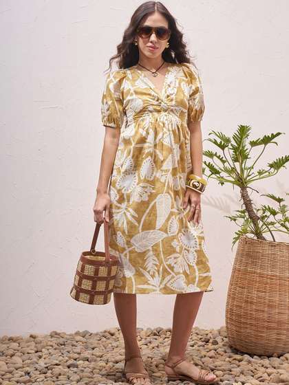 Vara By Vishudh
                        Floral Print Puff Sleeve A-Line Midi Dress