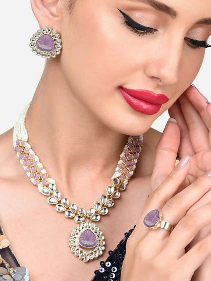 Zaveri Pearls
                      Gold-Plated Kundan-Studded Necklace & Earrings
                      With Finger Ring