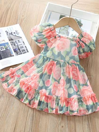 YK Floral Print Flared
                    Sleeve A-Line Dress