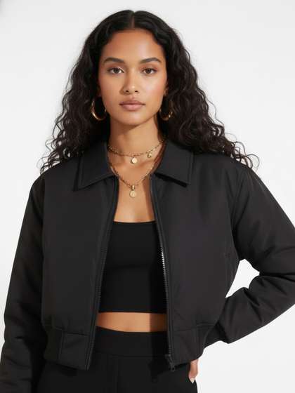 glitchez Spread
                        Collar Crop Padded Bomber Jacket