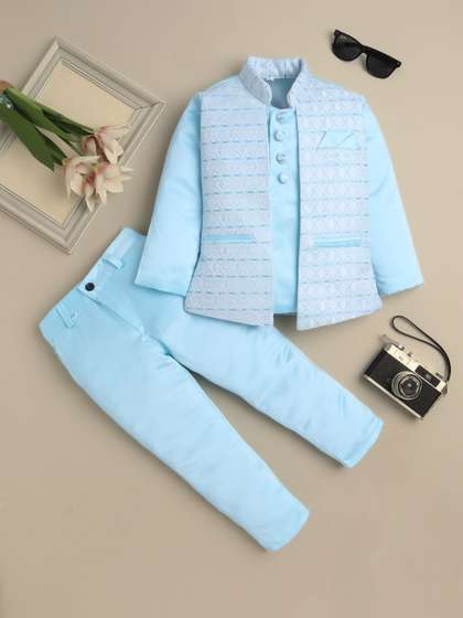 Sangria Boys Geometric
                    Sequined Bandhgala Blazer & Trouser Suit Set