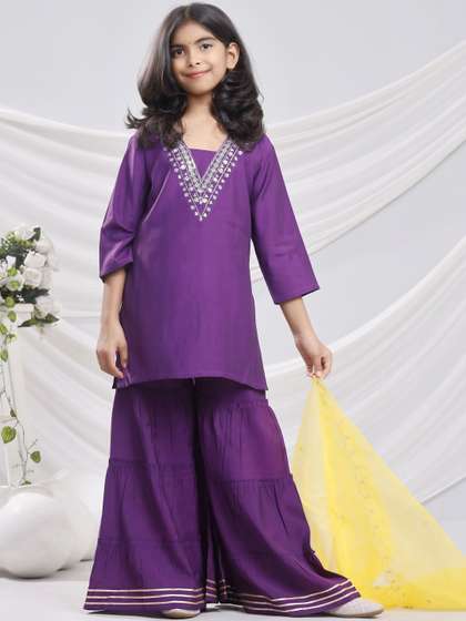 Sangria Girls Sequence
                    Work Pure Silk V-Neck Straight Kurta & Sharara
                    With Dupatta