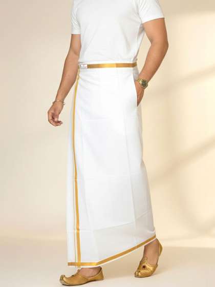 TUNI MANI Men Solid
                      Zari Detail Double Layer Velcro Cotton Dhoti