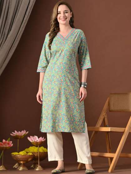 HERE&NOW Women
                        Floral Printed Straight Kurti with Zigzag Neck